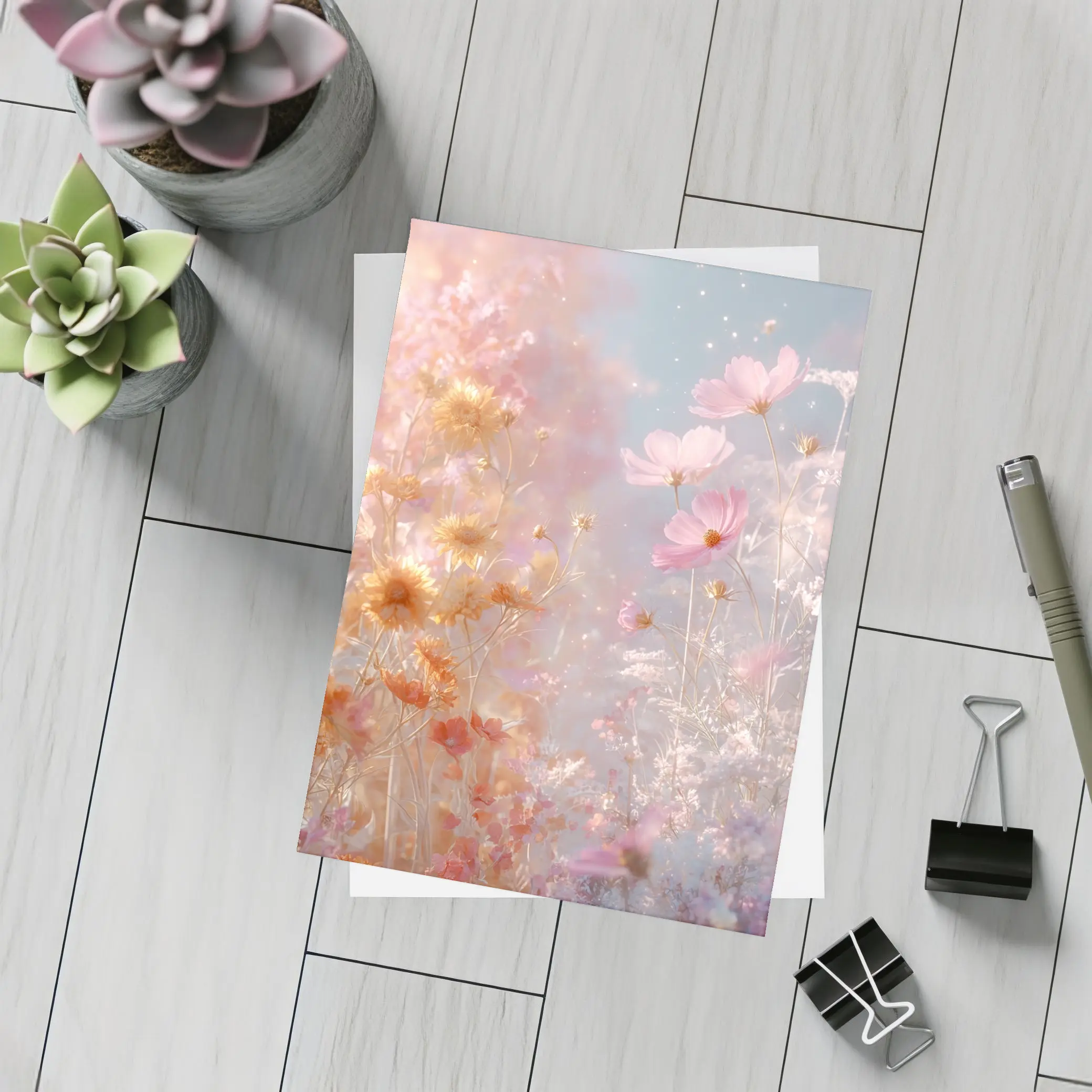 Pink Cosmos Flowers Dreamy Pastel Sky – Postcards
