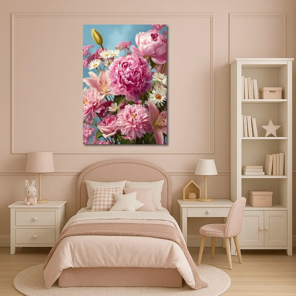 Pink Peonies Lilies Daisies Blue Sky – Wall Art
