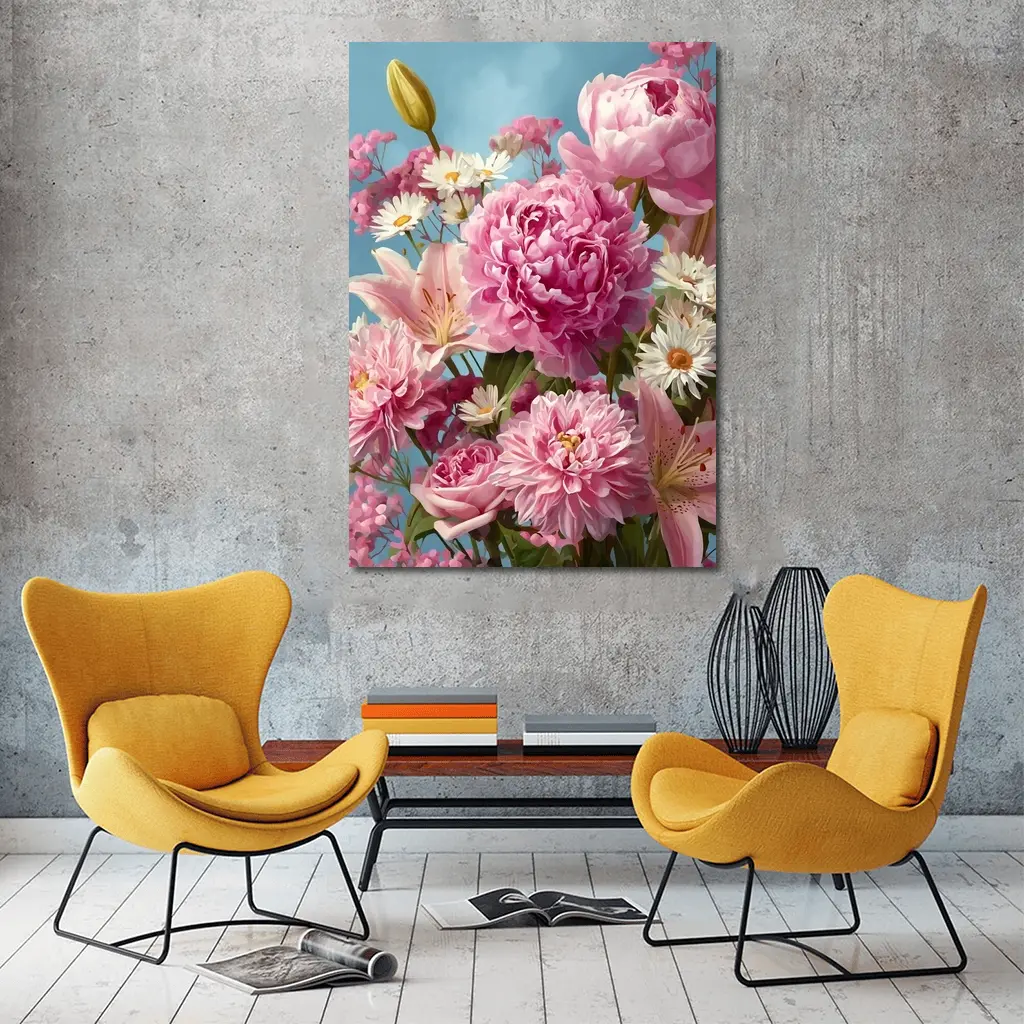 Pink Peonies Lilies Daisies Blue Sky – Wall Art