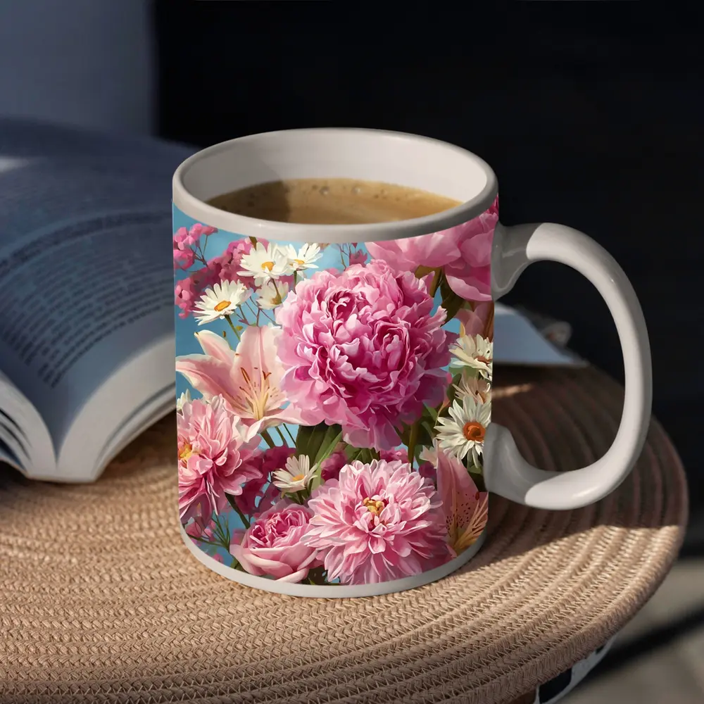 Pink Peonies Lilies Daisies Blue Sky – Mugs