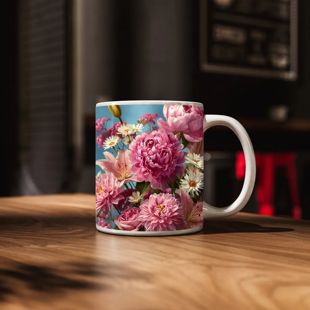 Pink Peonies Lilies Daisies Blue Sky – Mugs