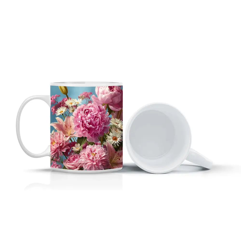 Pink Peonies Lilies Daisies Blue Sky – Mugs