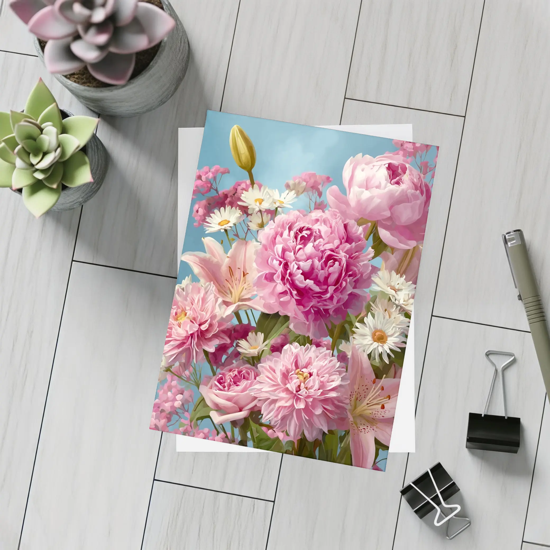 Pink Peonies Lilies Daisies Blue Sky – Postcards
