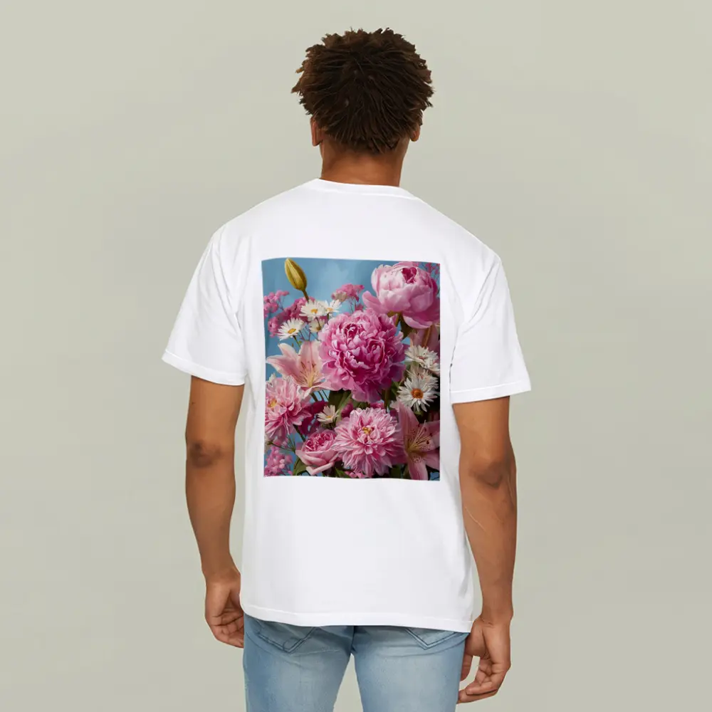 Pink Peonies Lilies Daisies Blue Sky – T-Shirts