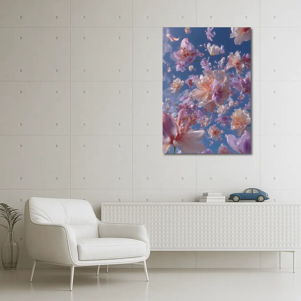 Pink Flowers Floating Against Blue Sky – Wall Art