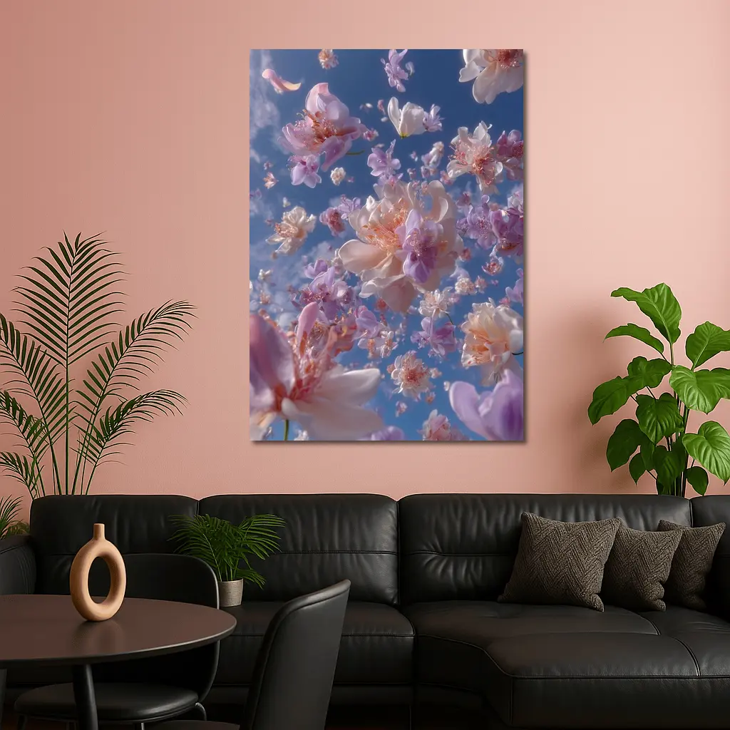Pink Flowers Floating Against Blue Sky – Wall Art