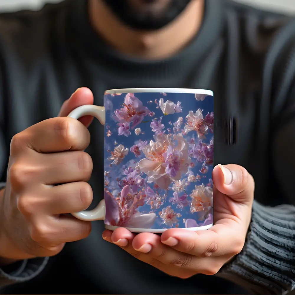 Pink Flowers Floating Against Blue Sky – Mugs