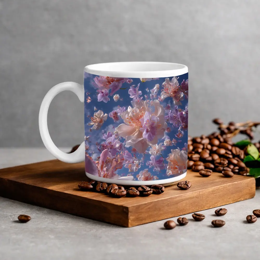 Pink Flowers Floating Against Blue Sky – Mugs