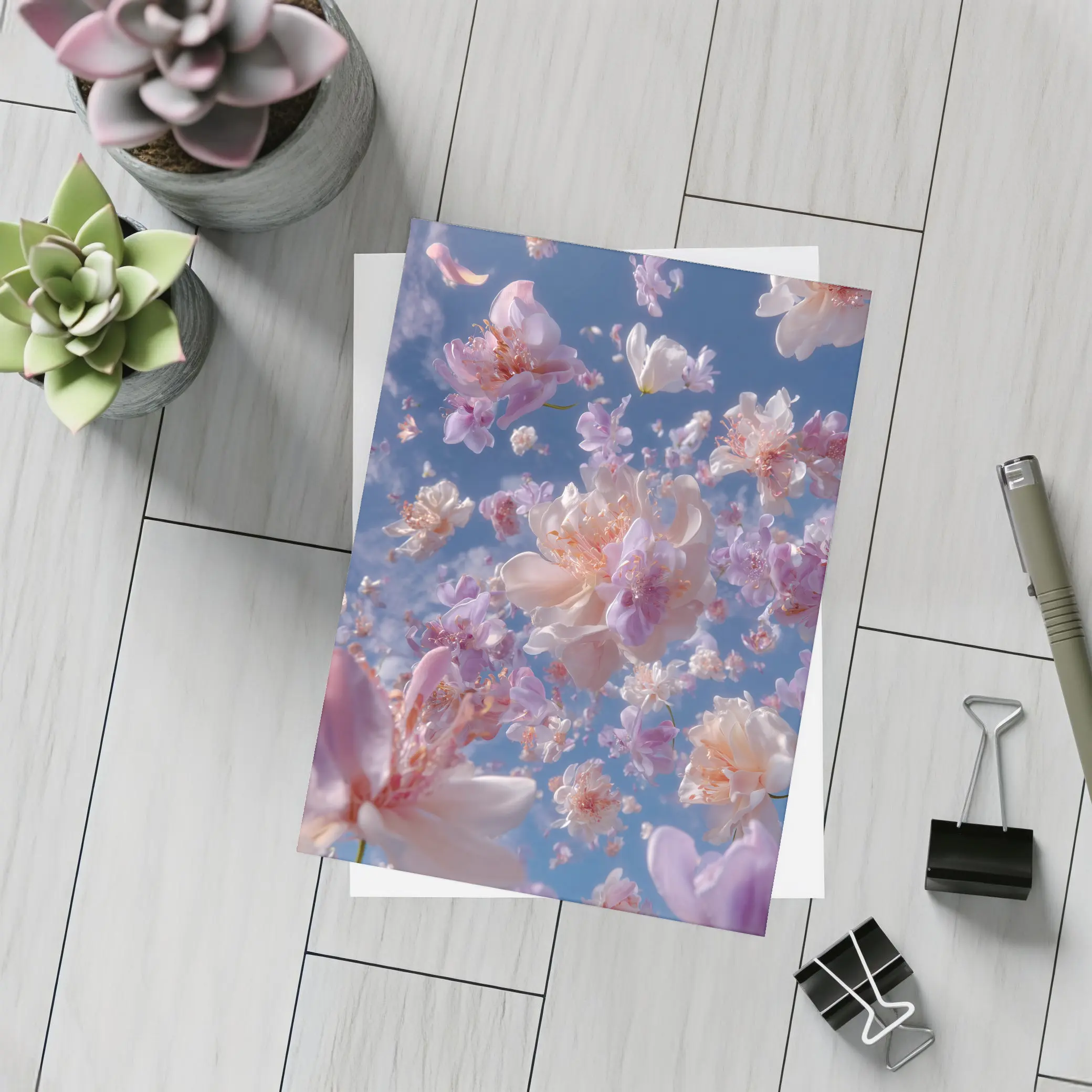 Pink Flowers Floating Against Blue Sky – Postcards