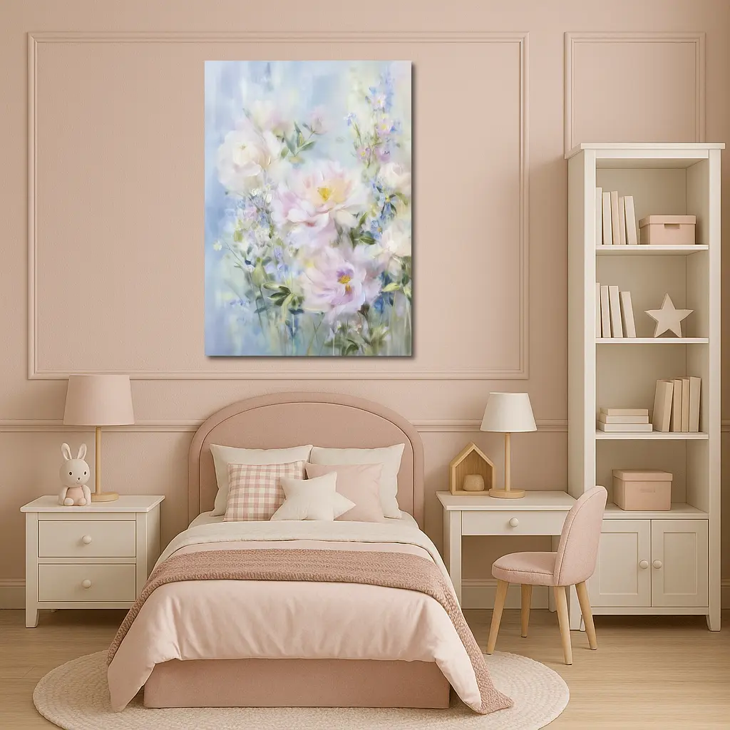 Soft Pink Peonies Blue Floral Painting – Wall Art