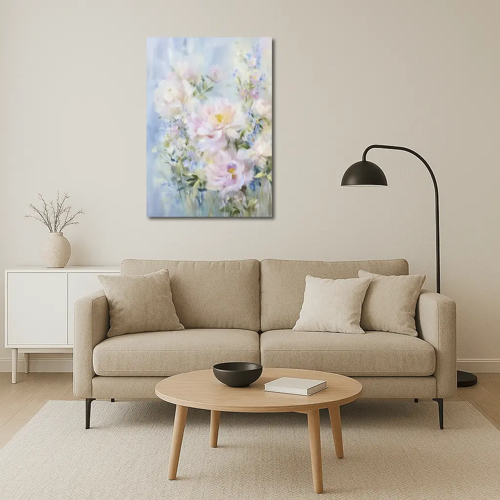 Soft Pink Peonies Blue Floral Painting – Wall Art