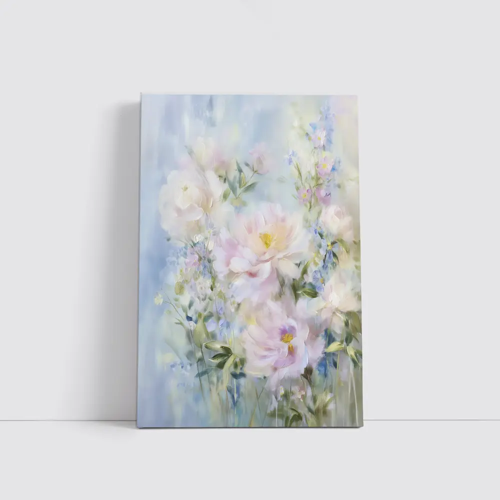 Soft Pink Peonies Blue Floral Painting – Wall Art