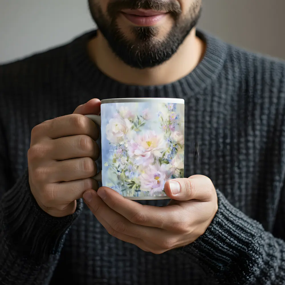 Soft Pink Peonies Blue Floral Painting – Mugs