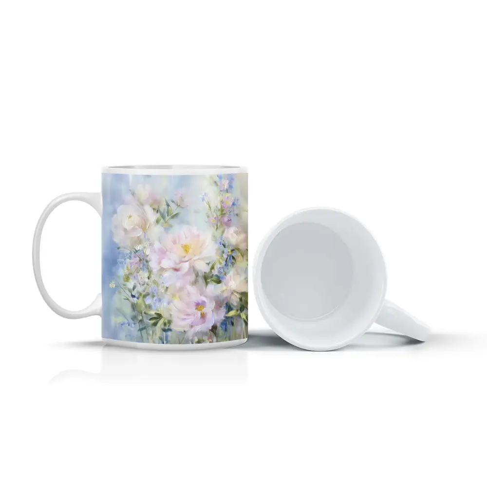 Soft Pink Peonies Blue Floral Painting – Mugs