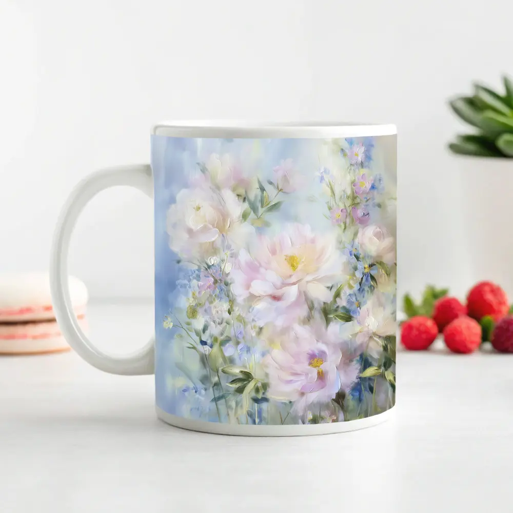 Soft Pink Peonies Blue Floral Painting – Mugs