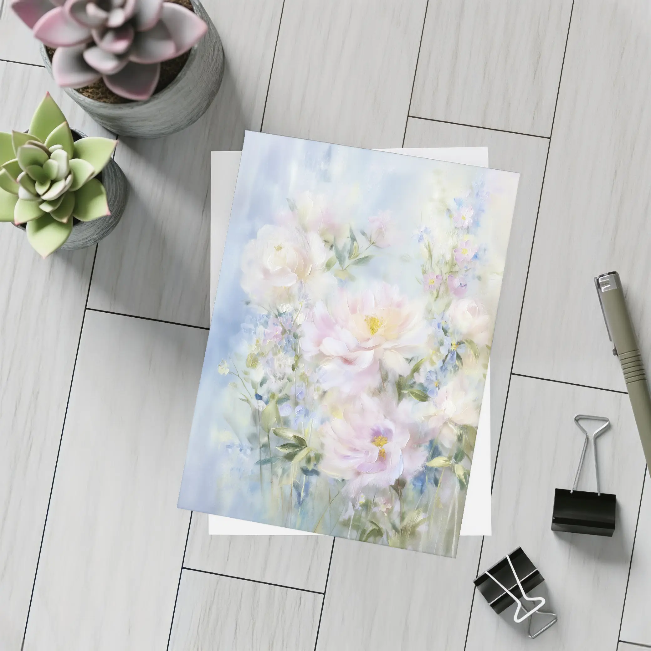 Soft Pink Peonies Blue Floral Painting – Postcards