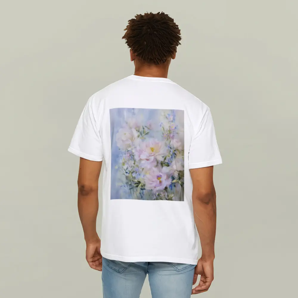 Soft Pink Peonies Blue Floral Painting – T-Shirts