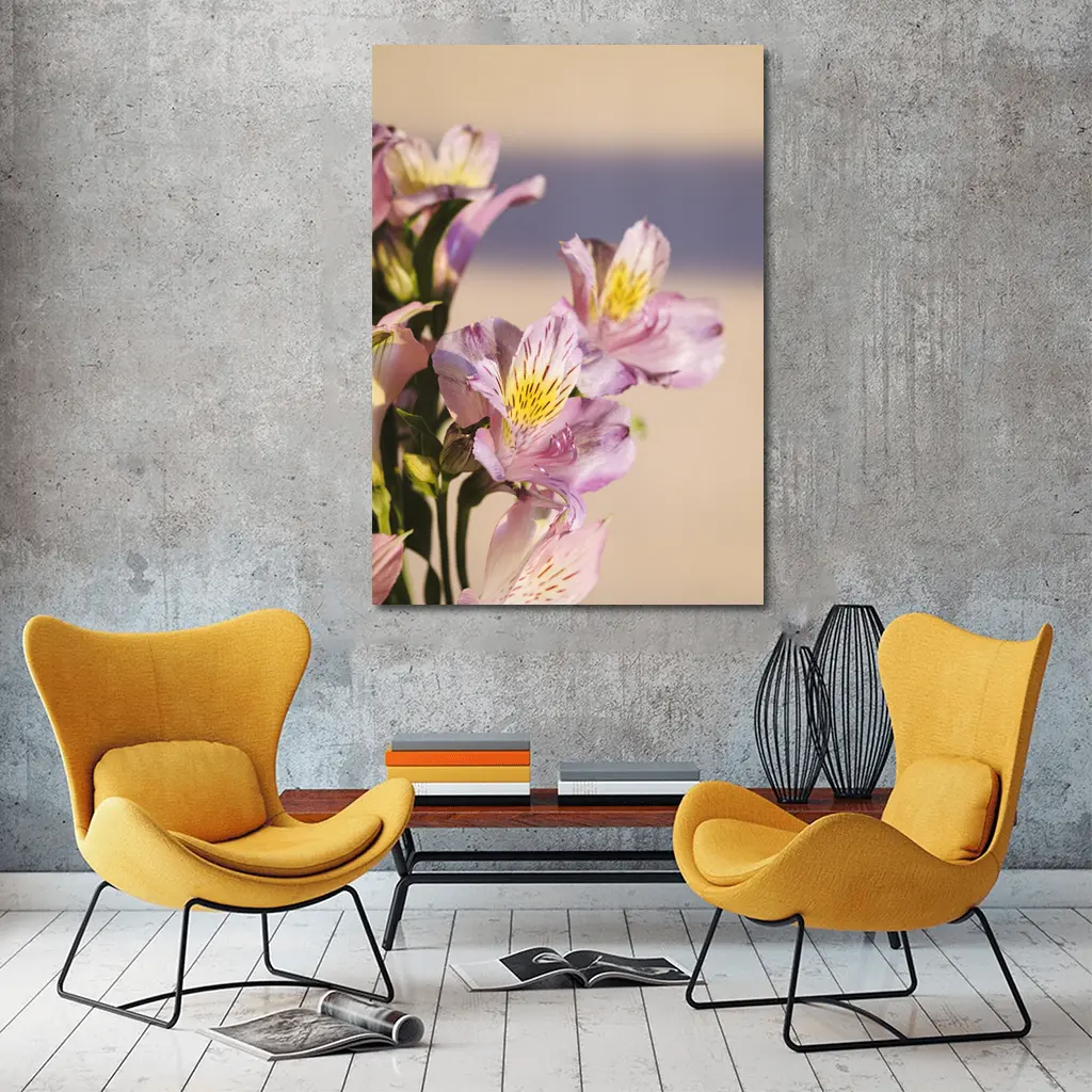 Pink Alstroemeria Flowers Soft Beige Background – Wall Art