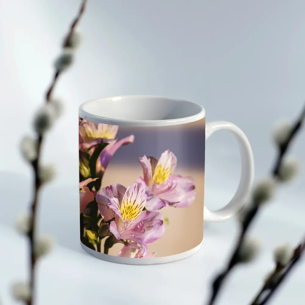 Pink Alstroemeria Flowers Soft Beige Background – Mugs