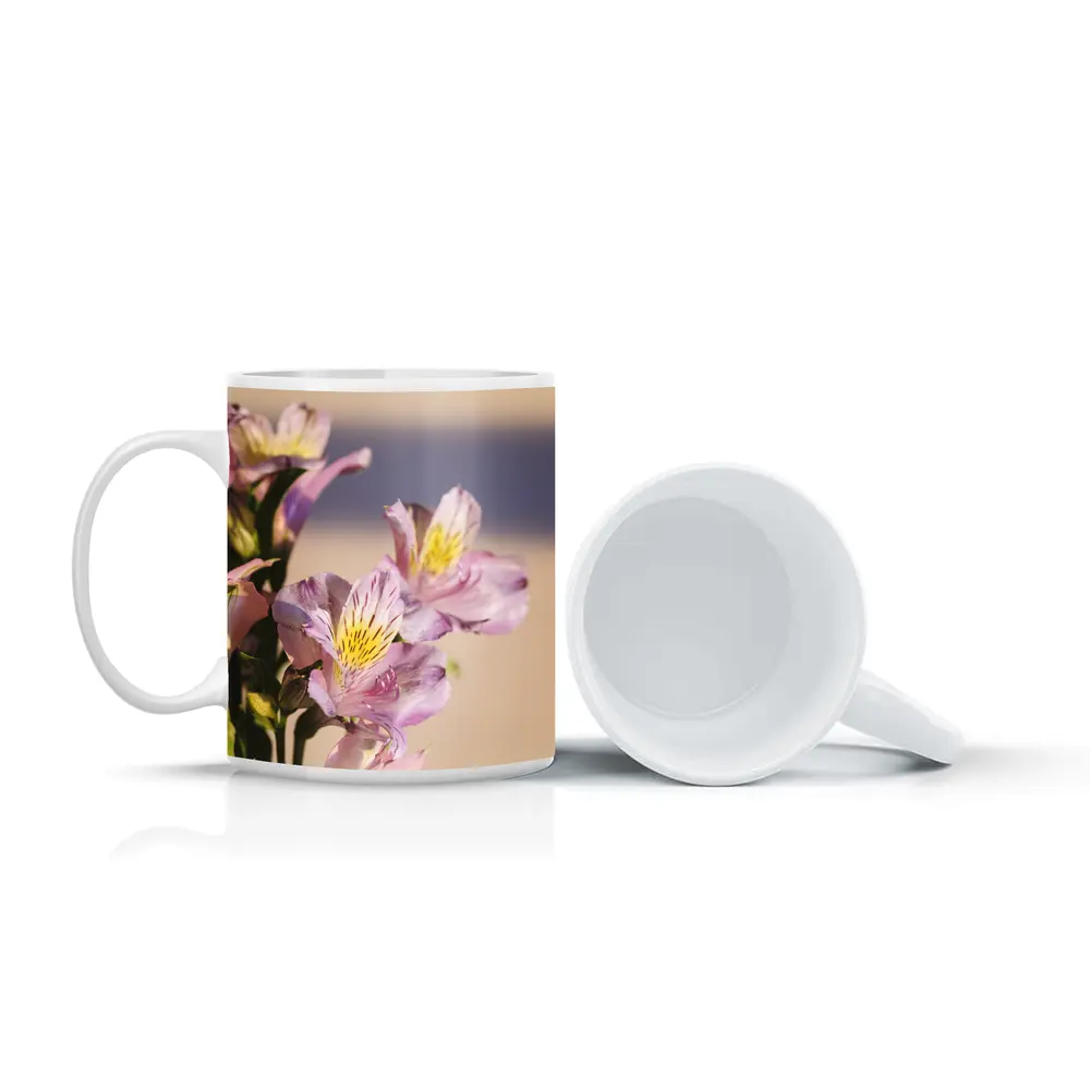 Pink Alstroemeria Flowers Soft Beige Background – Mugs