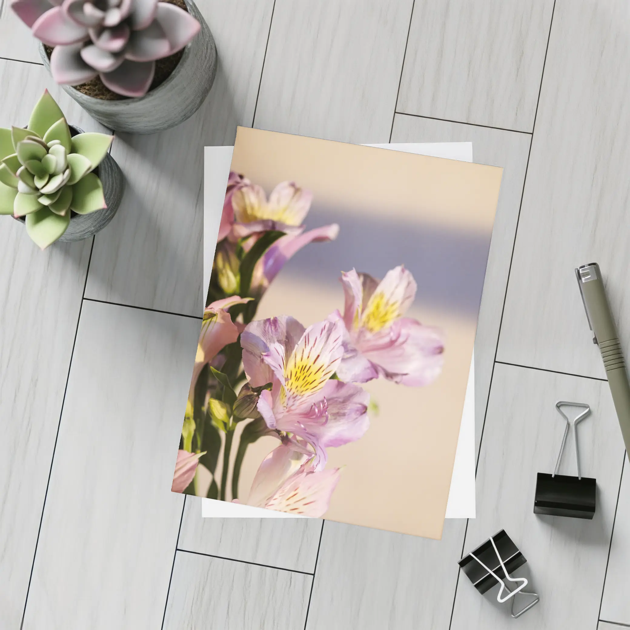 Pink Alstroemeria Flowers Soft Beige Background – Postcards