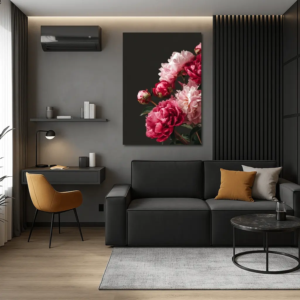 Pink Peonies Bouquet On Dark Background – Wall Art
