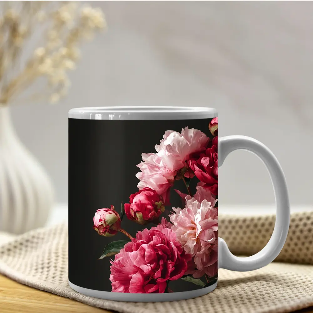 Pink Peonies Bouquet On Dark Background – Mugs