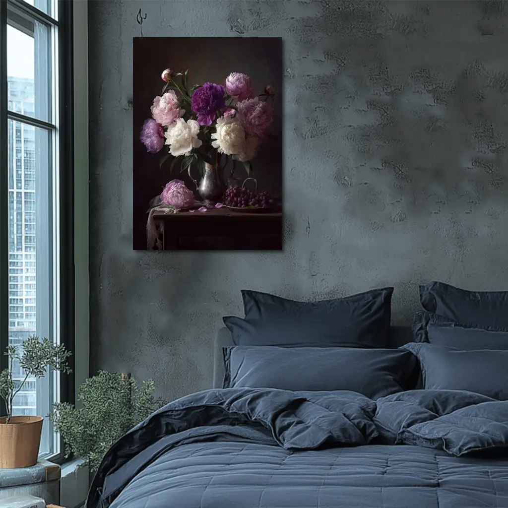 Pink Purple White Peonies Dark Still Life – Wall Art
