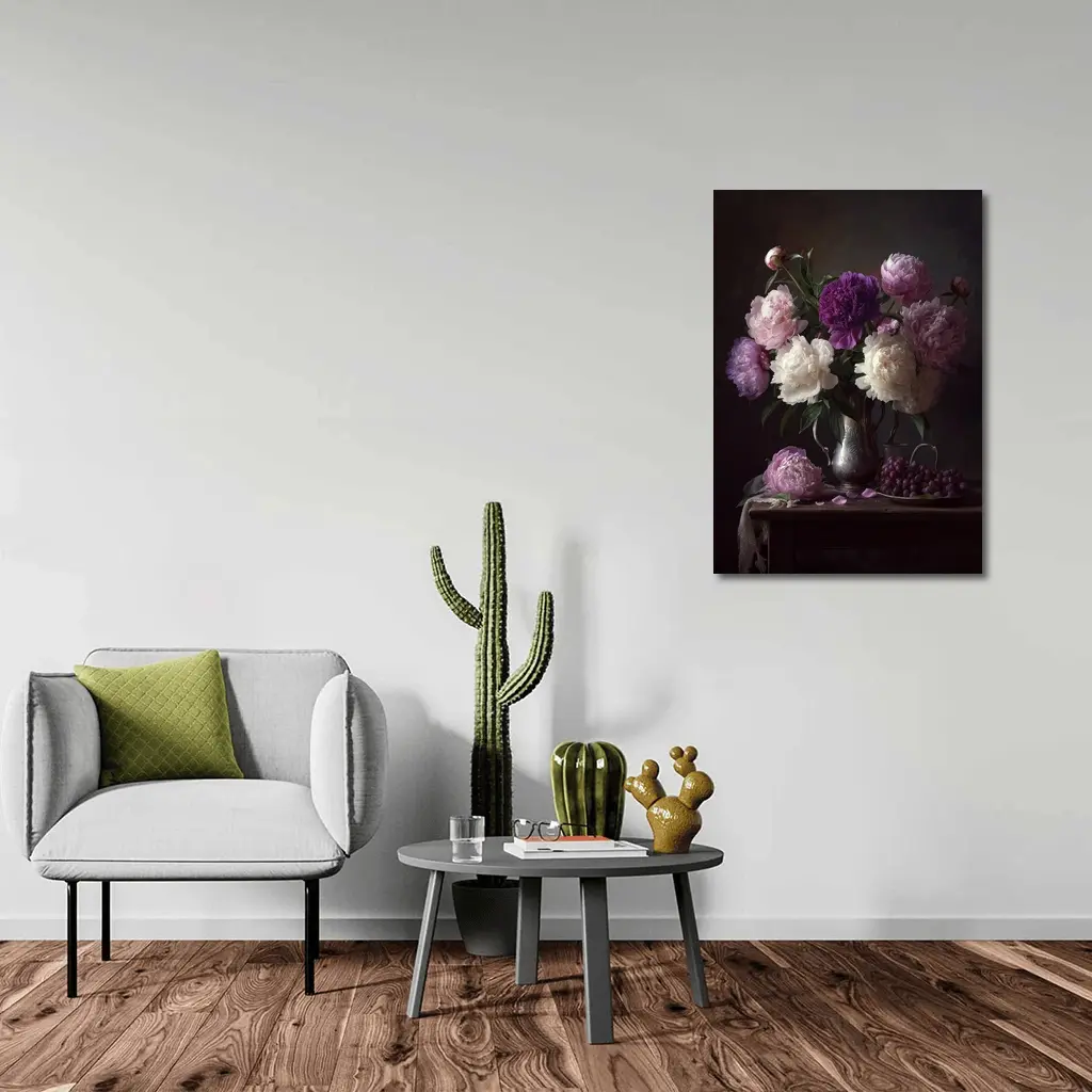 Pink Purple White Peonies Dark Still Life – Wall Art