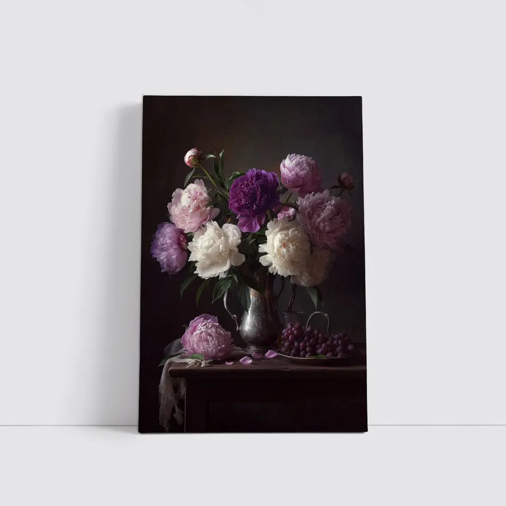 Pink Purple White Peonies Dark Still Life – Wall Art
