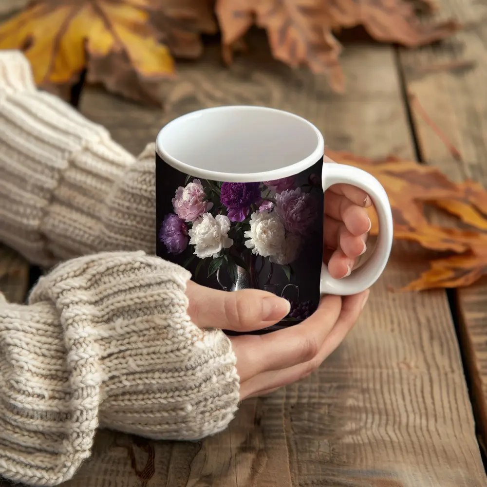 Pink Purple White Peonies Dark Still Life – Mugs