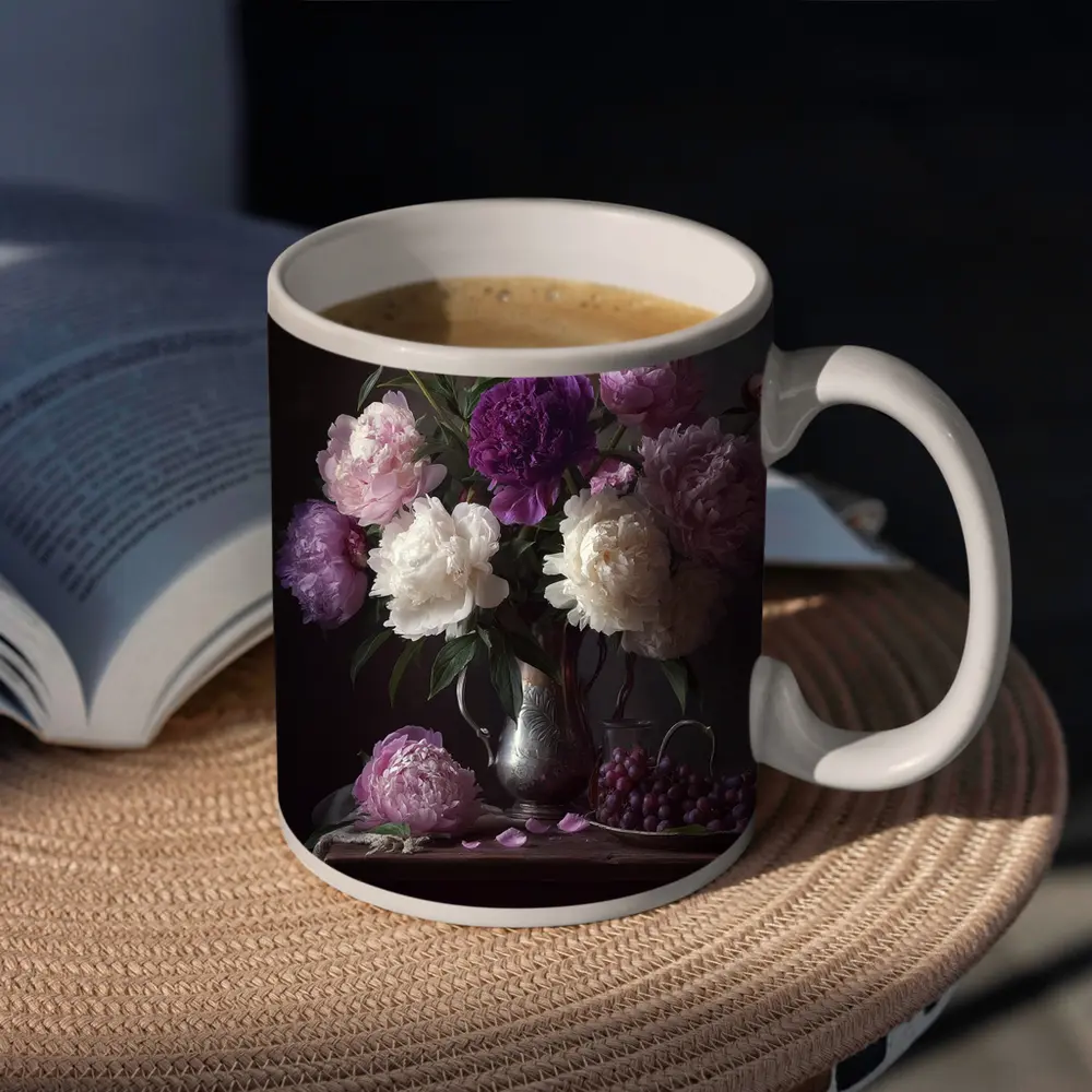 Pink Purple White Peonies Dark Still Life – Mugs