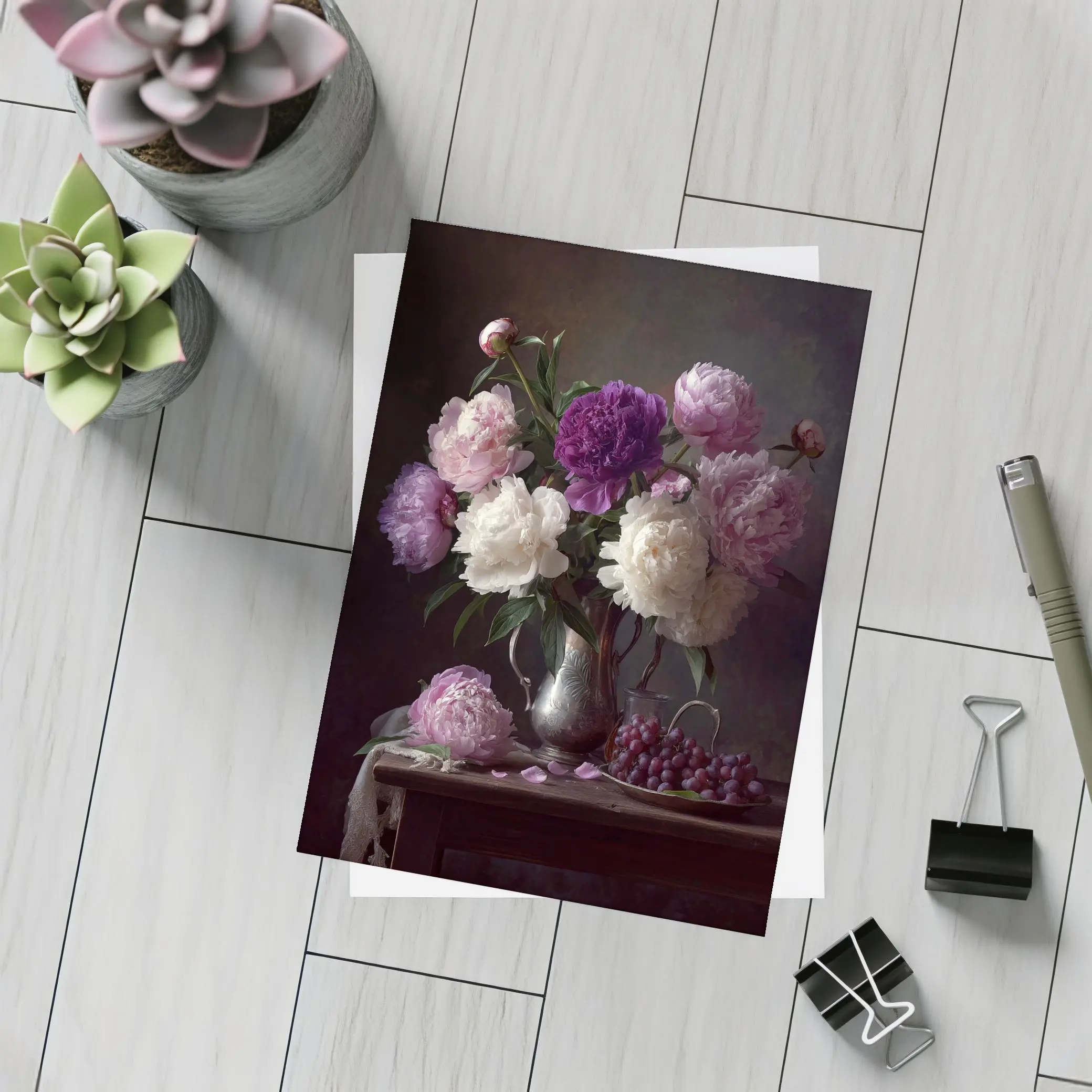 Pink Purple White Peonies Dark Still Life – Postcards
