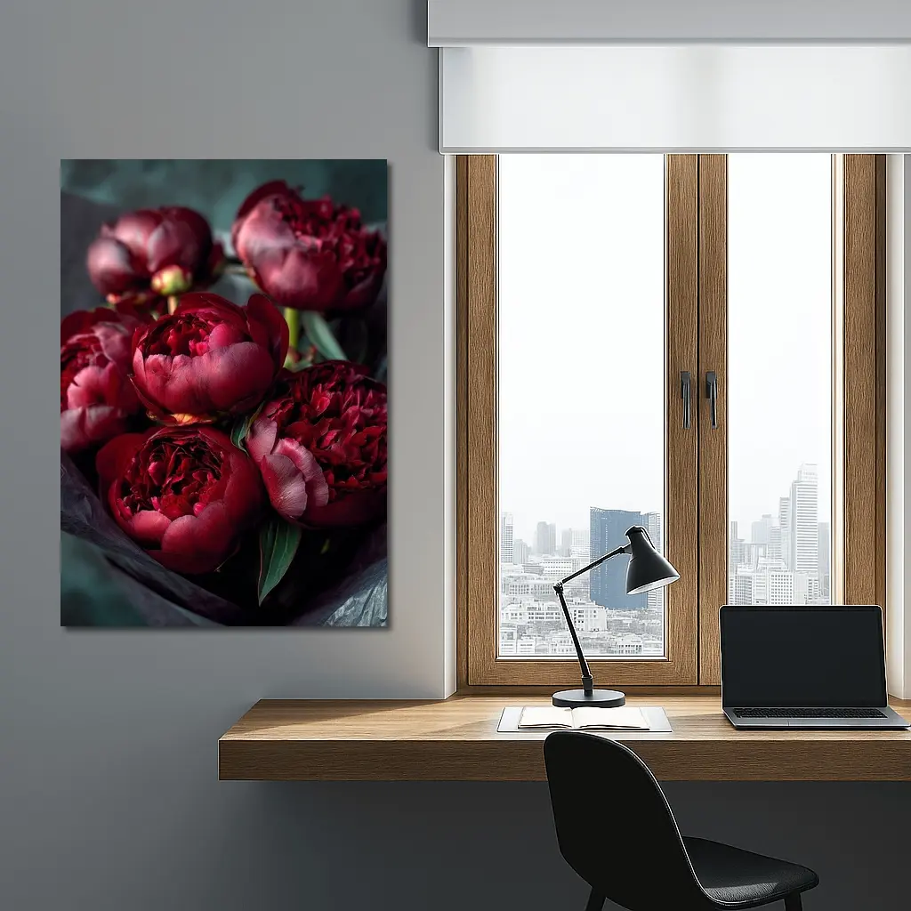Dark Red Peonies Bouquet On Teal Background – Wall Art