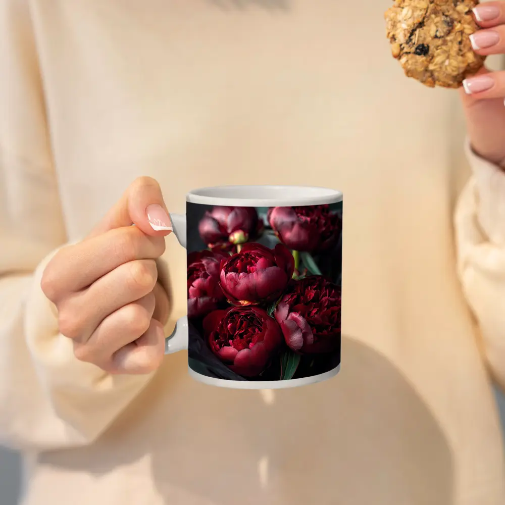 Dark Red Peonies Bouquet On Teal Background – Mugs