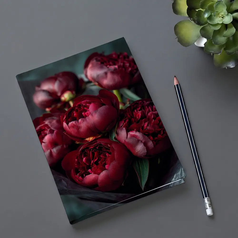 Dark Red Peonies Bouquet On Teal Background – Notebooks