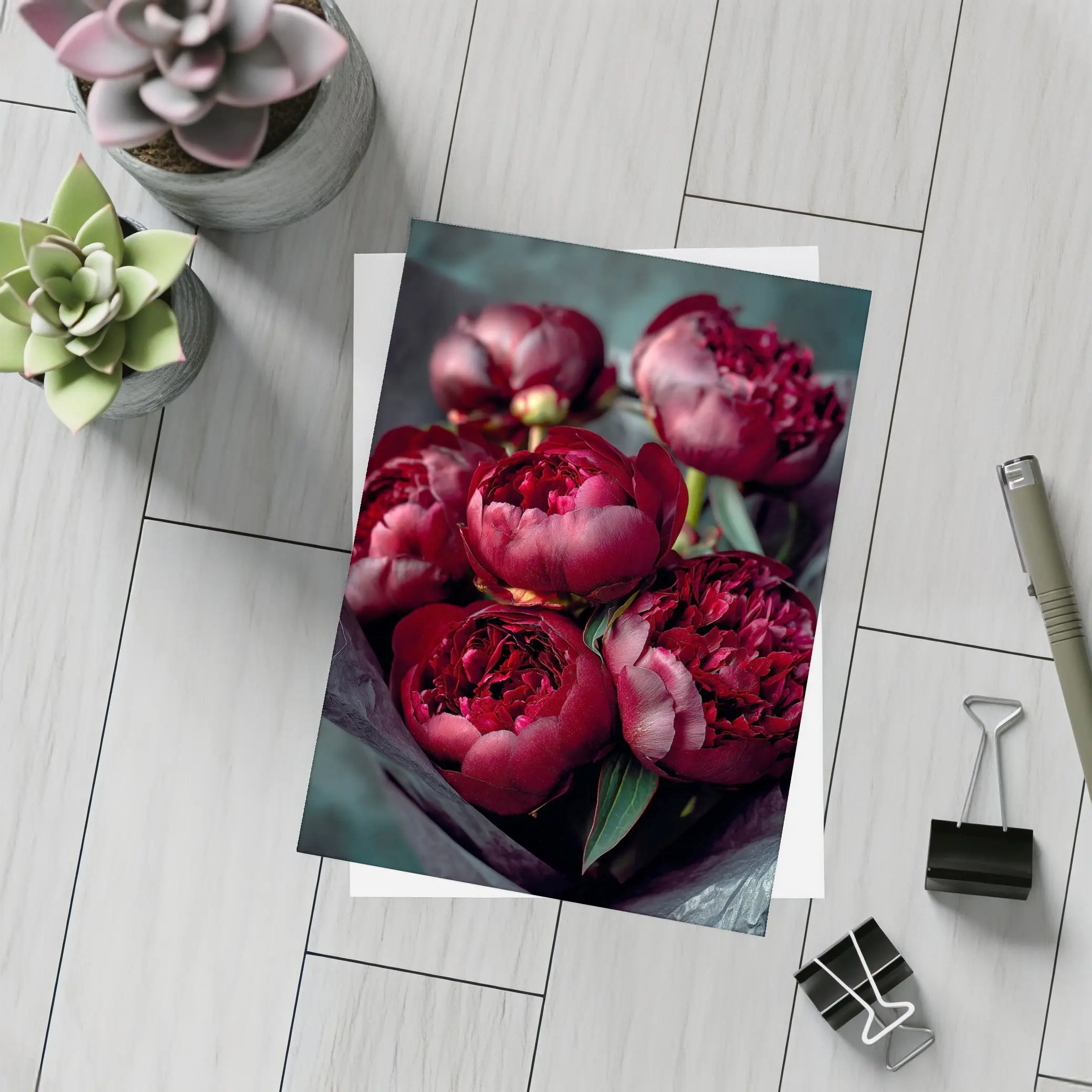 Dark Red Peonies Bouquet On Teal Background – Postcards