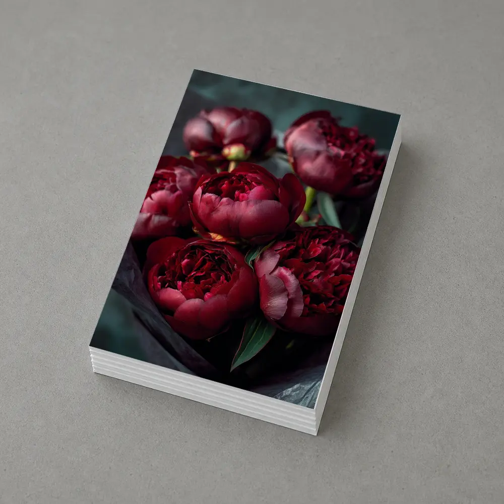 Dark Red Peonies Bouquet On Teal Background – Postcards