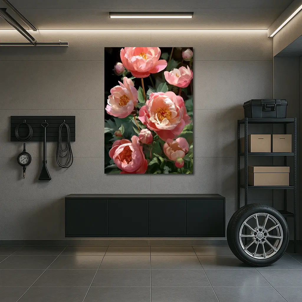 Pink Peonies Blooming in Dark Garden – Wall Art