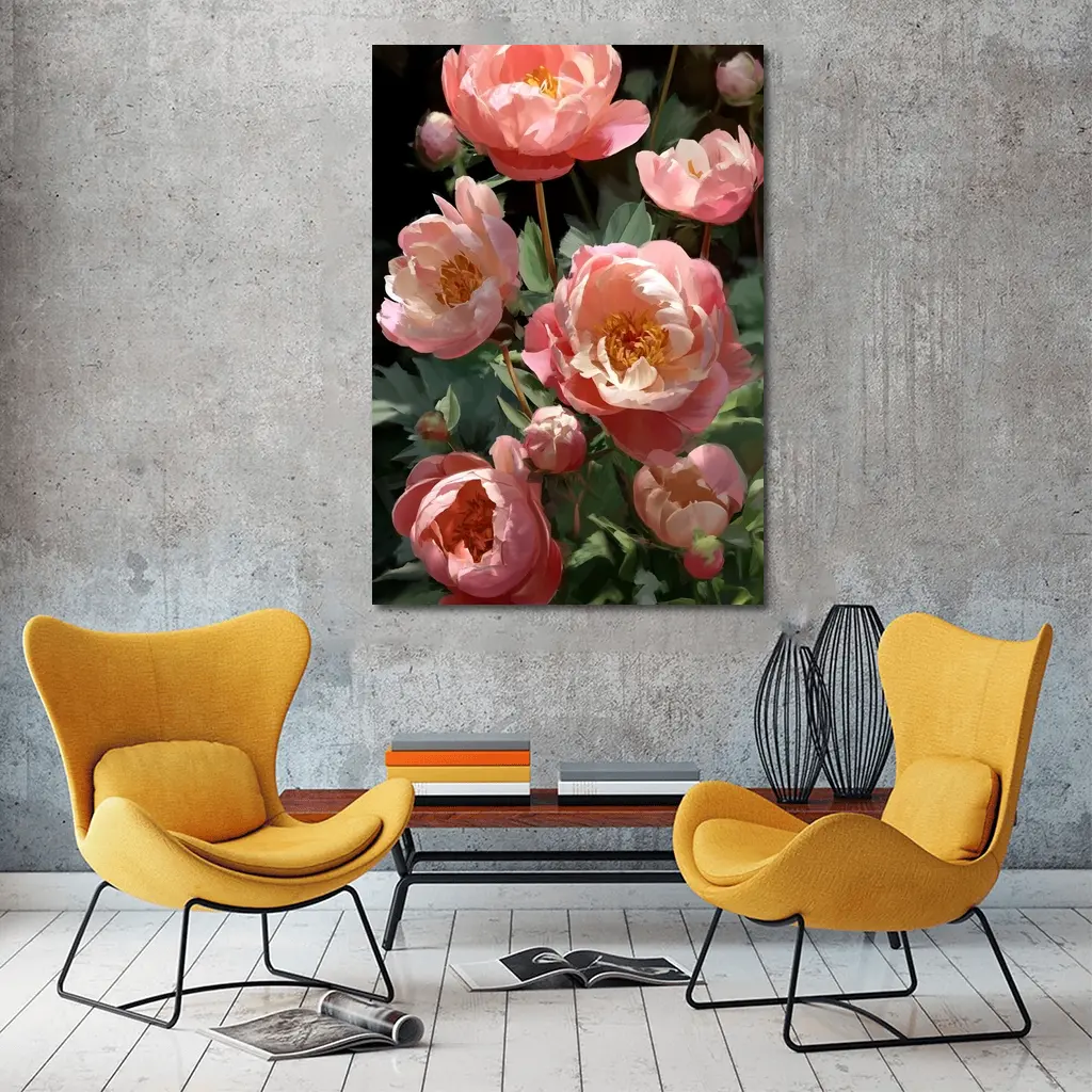 Pink Peonies Blooming in Dark Garden – Wall Art