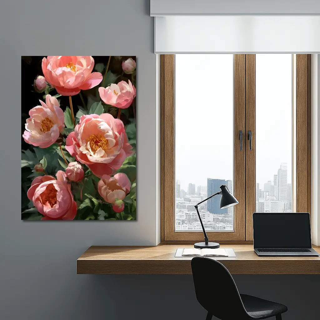 Pink Peonies Blooming in Dark Garden – Wall Art