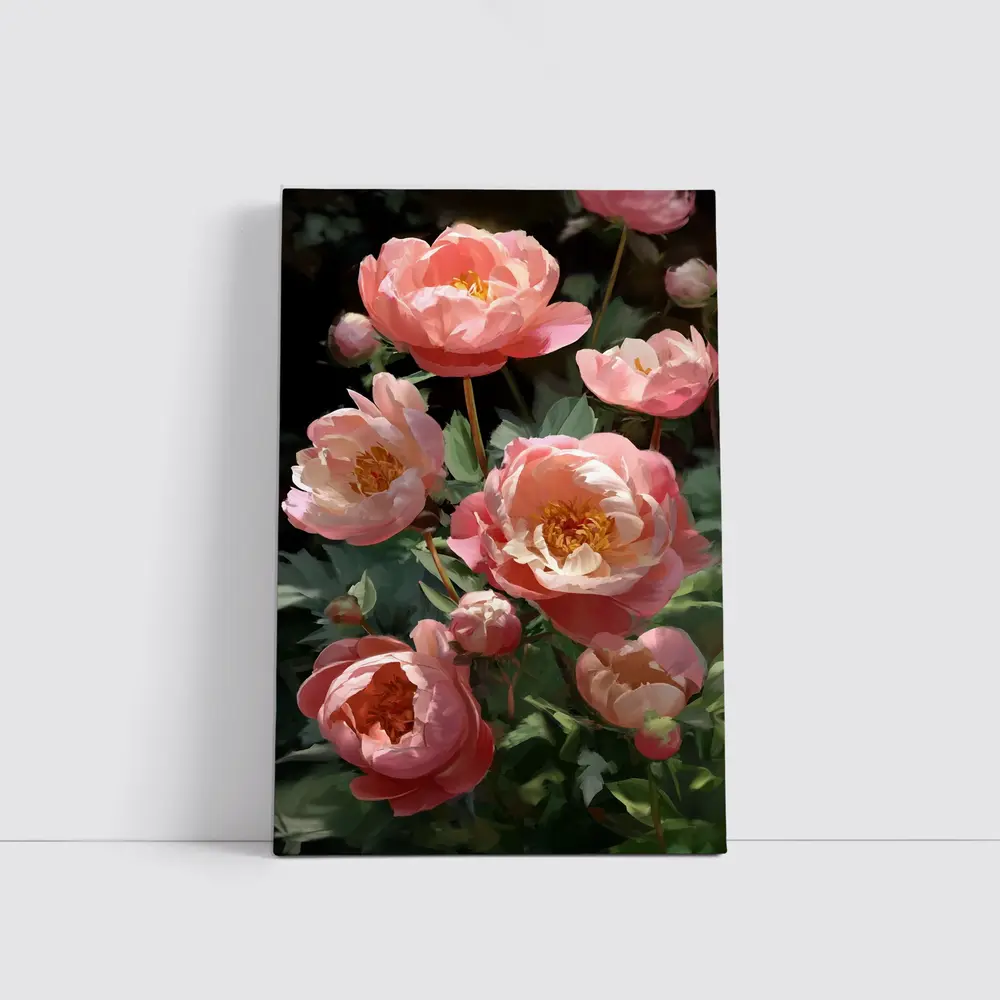 Pink Peonies Blooming in Dark Garden – Wall Art