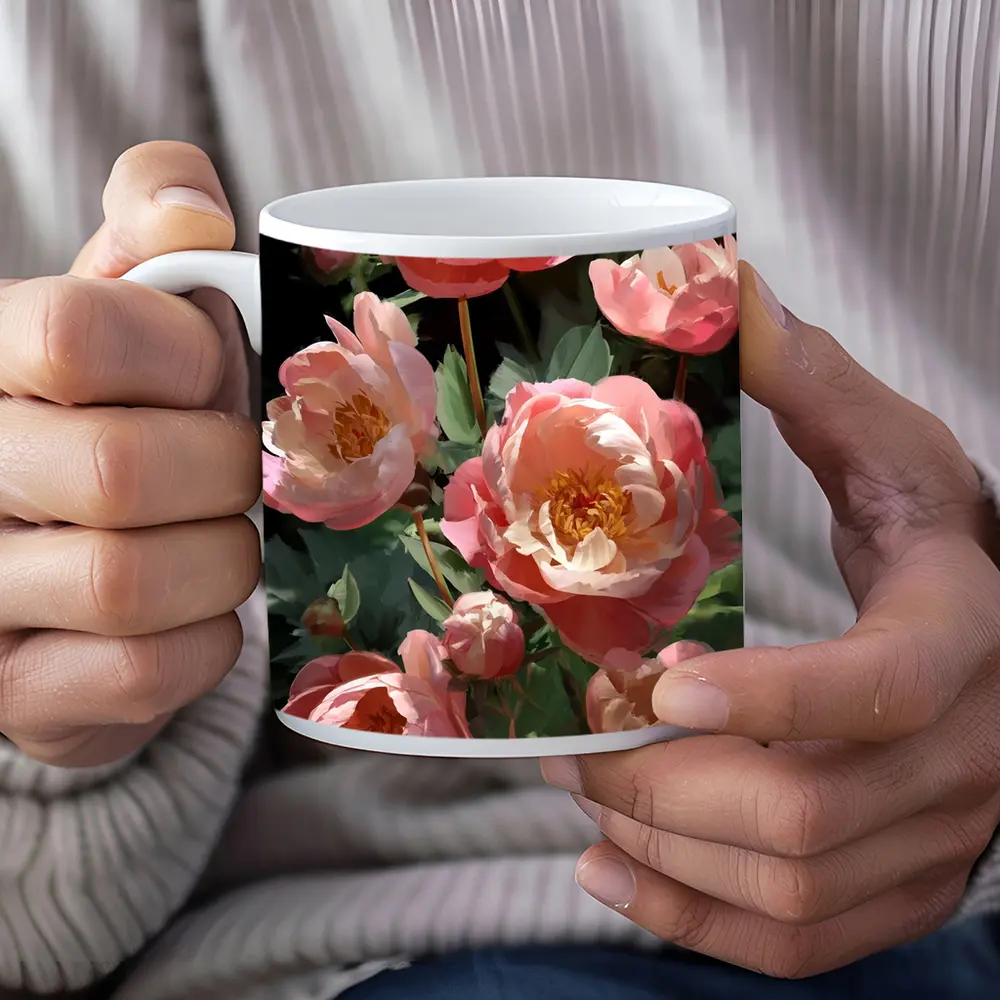 Pink Peonies Blooming in Dark Garden – Mugs