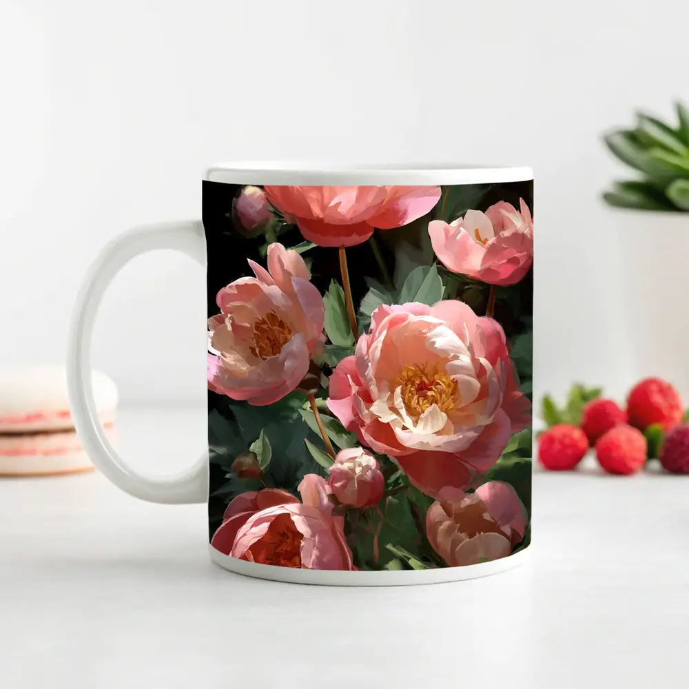 Pink Peonies Blooming in Dark Garden – Mugs