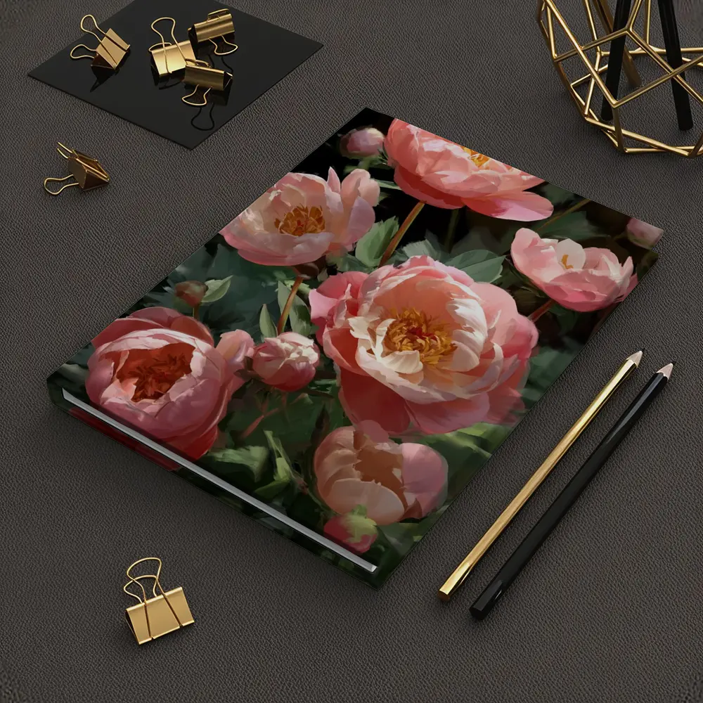 Pink Peonies Blooming in Dark Garden – Notebooks