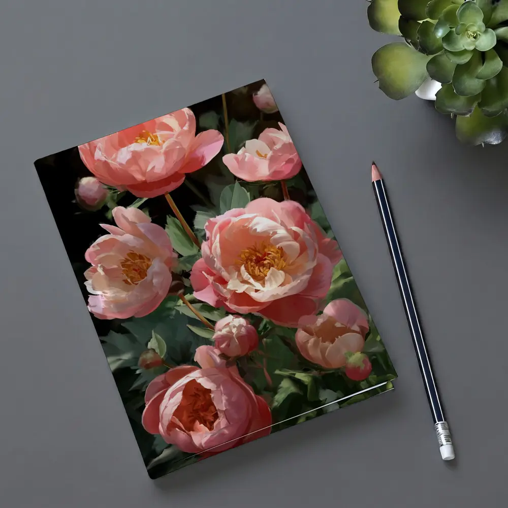 Pink Peonies Blooming in Dark Garden – Notebooks