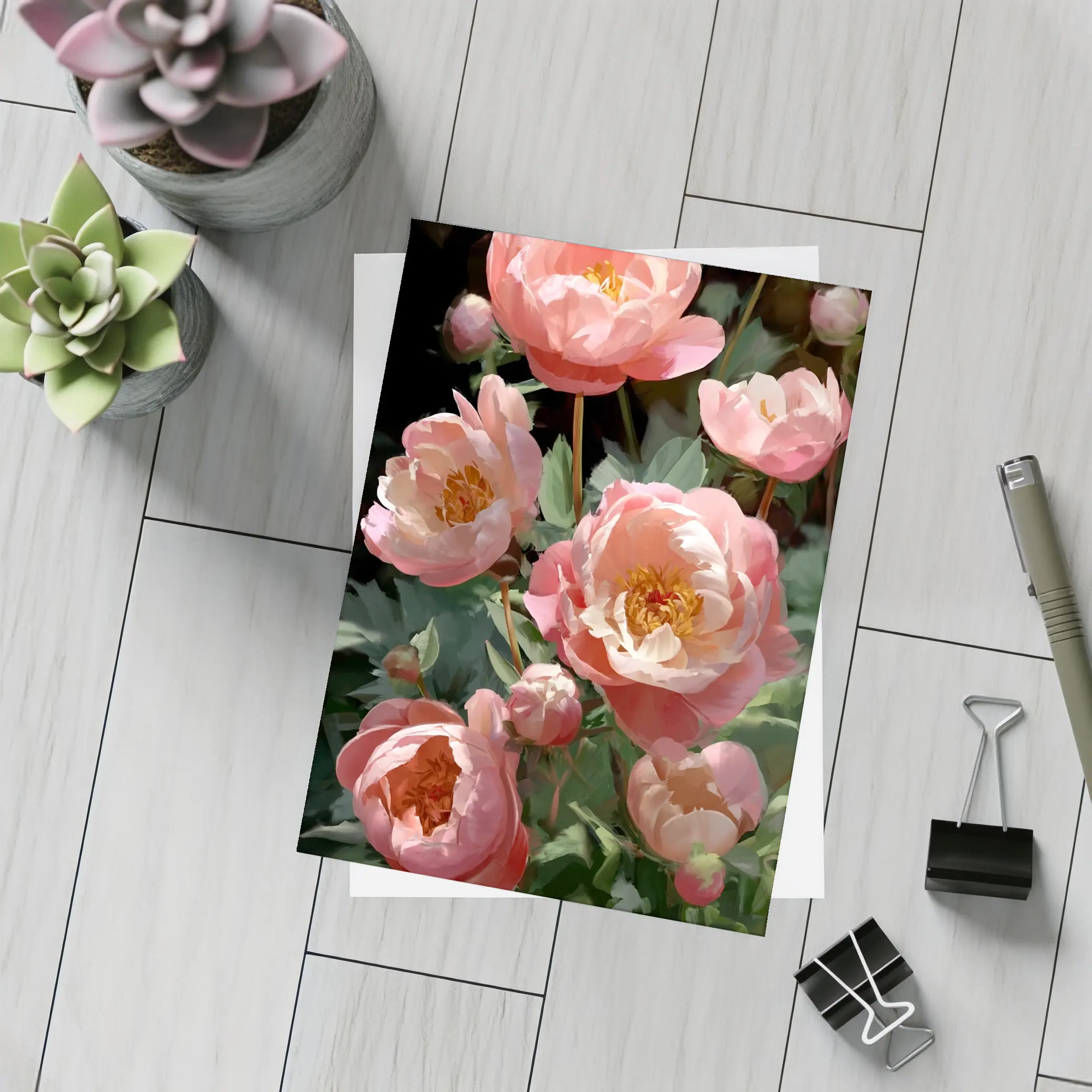 Pink Peonies Blooming in Dark Garden – Postcards