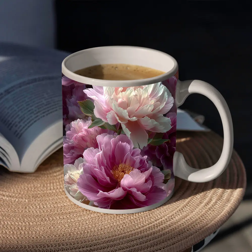 Pink and White Peony Flowers Bloom Art – Mugs