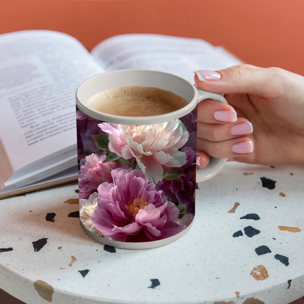 Pink and White Peony Flowers Bloom Art – Mugs