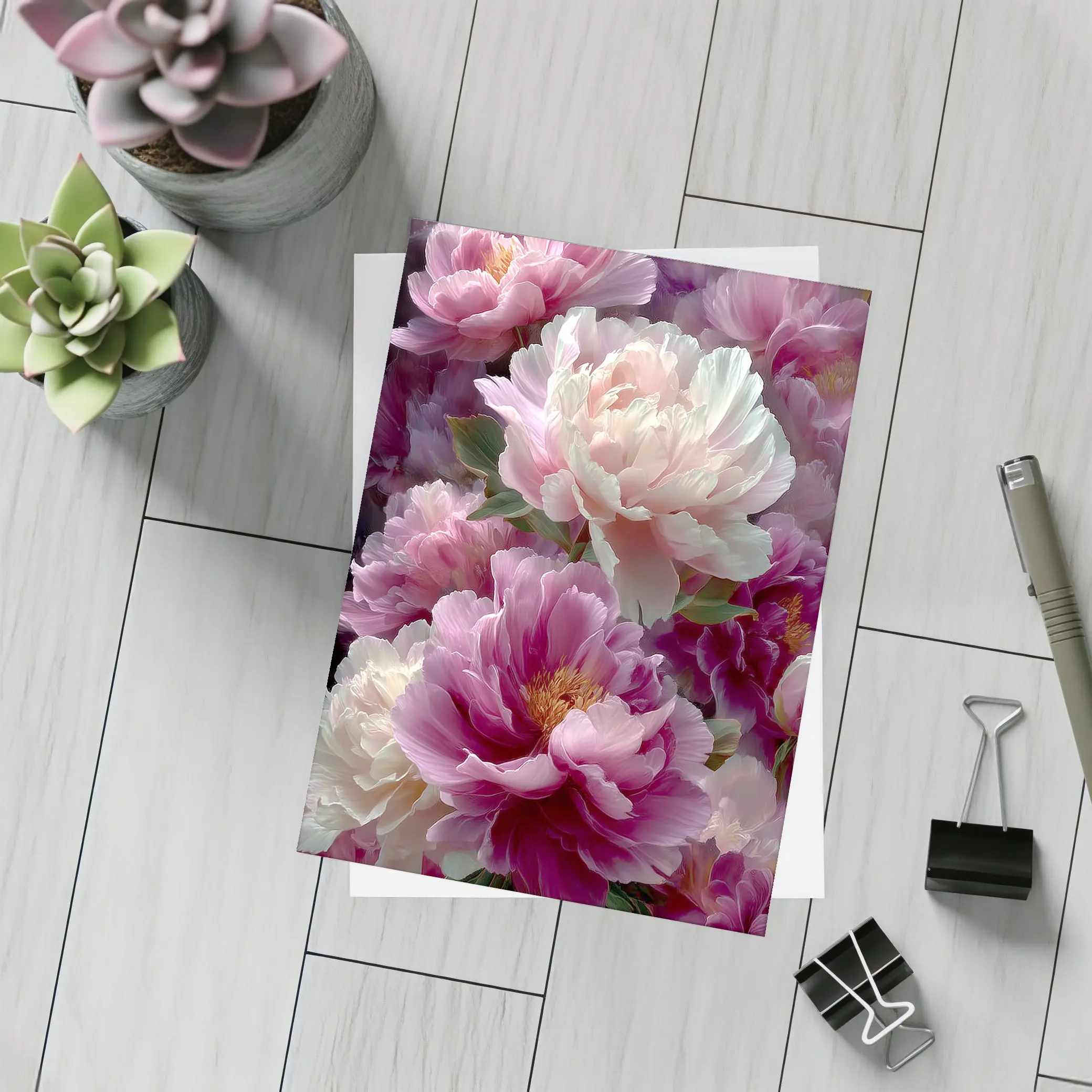 Pink and White Peony Flowers Bloom Art – Postcards